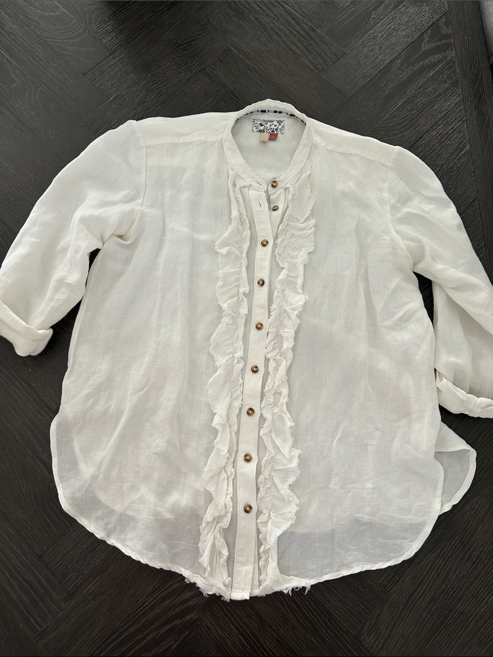 Pilcro Anthropologie White Ruffle Linen Button-Front Blouse